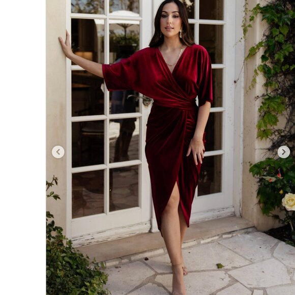 Baltic Born Dresses & Skirts - Baltic Born Brendyn Ruched Wrap Velvet Midi Dress Red Size XL NEW Holiday Party